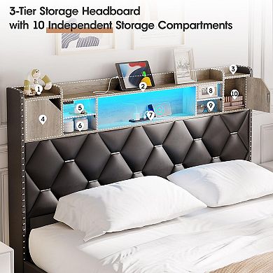 PU Upholstered Bed Frame, 3-Tier Storage Headboard + 3 Drawers, RGB LED Lights & Charging Station
