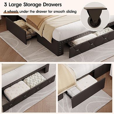 PU Upholstered Bed Frame, 3-Tier Storage Headboard + 3 Drawers, RGB LED Lights & Charging Station