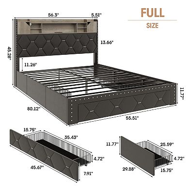 PU Upholstered Bed Frame, 3-Tier Storage Headboard + 3 Drawers, RGB LED Lights & Charging Station