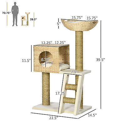 Multi-Level Cat Tower with Basket Bed, Enclosed Condo and Climbing Ladder