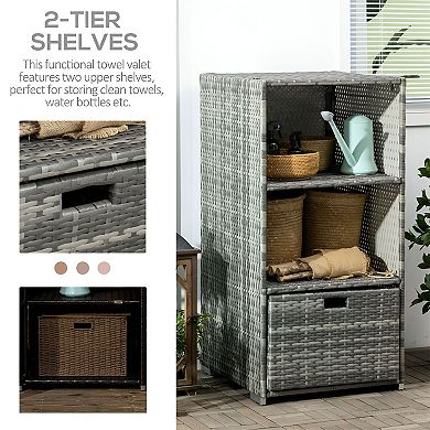 Outdoor Wicker Towel Valet Stand with 2 Shelves and Bottom Drawer