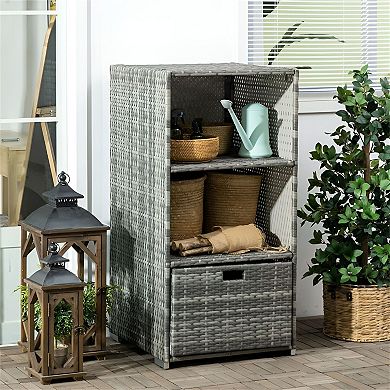 Outdoor Wicker Towel Valet Stand with 2 Shelves and Bottom Drawer