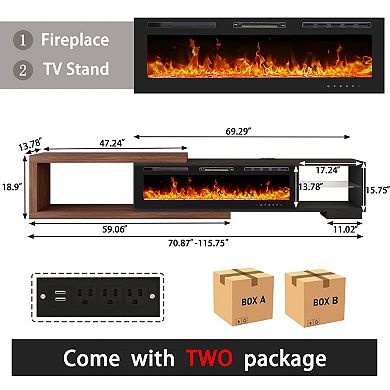 Extendable TV Stand Fireplace for large TVs, Modern Wood Entertainment Center