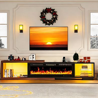 Extendable TV Stand Fireplace for large TVs, Modern Wood Entertainment Center