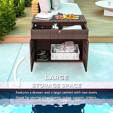 Rattan Storage Cabinet with Drawer and Two Doors for Patio or Poolside