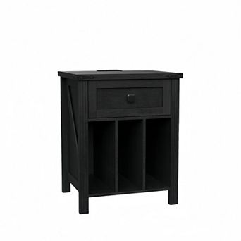 Nightstand with Vinyl Storage & Charging Station, Turntable Stand with Open Shelves for Living Room