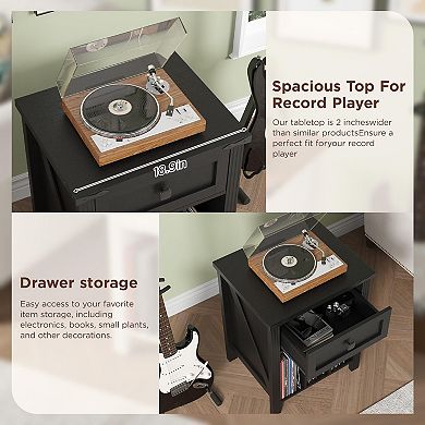 Nightstand with Vinyl Storage & Charging Station, Turntable Stand with Open Shelves for Living Room