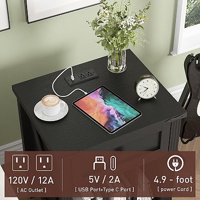Nightstand with Vinyl Storage & Charging Station, Turntable Stand with Open Shelves for Living Room