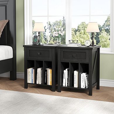 Nightstand with Vinyl Storage & Charging Station, Turntable Stand with Open Shelves for Living Room