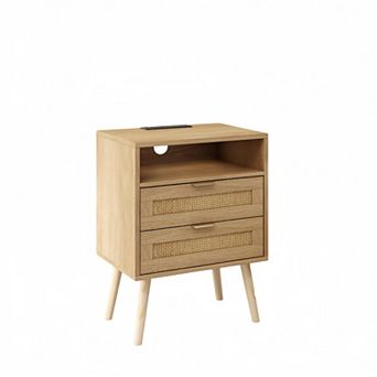 Rattan Nightstand with Charging Station (2 AC/2 USB), LED Lights & 2 Drawers, Boho Bedside Table