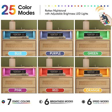 Rattan Nightstand with Charging Station (2 AC/2 USB), LED Lights & 2 Drawers, Boho Bedside Table