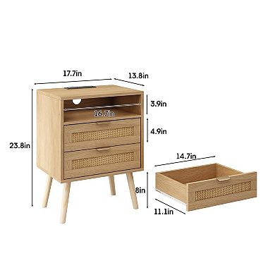 Rattan Nightstand with Charging Station (2 AC/2 USB), LED Lights & 2 Drawers, Boho Bedside Table