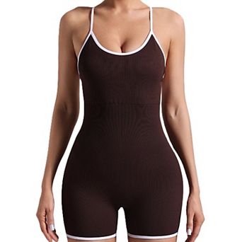 Women Seamless Cross-Back Design Jumpsuit Contrasting Color Straps One-Piece Shorts