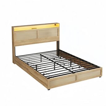 Platform Bed Frame with Rattan Headboard, 4 Storage Drawers + LED Lights & Charging Station, Boho
