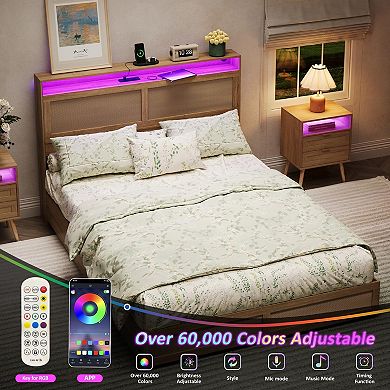 Platform Bed Frame with Rattan Headboard, 4 Storage Drawers + LED Lights & Charging Station, Boho