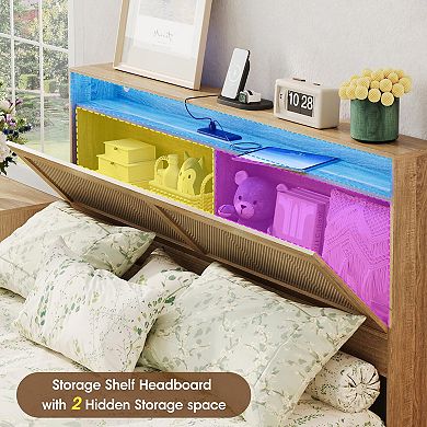 Platform Bed Frame with Rattan Headboard, 4 Storage Drawers + LED Lights & Charging Station, Boho