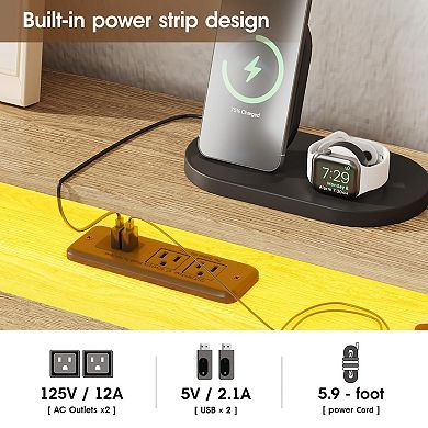 Platform Bed Frame with Rattan Headboard, 4 Storage Drawers + LED Lights & Charging Station, Boho