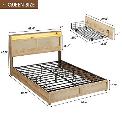 Platform Bed Frame with Rattan Headboard, 4 Storage Drawers + LED Lights & Charging Station, Boho