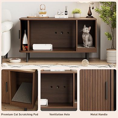 Modern Cat Litter Box Enclosure with Sliding Door,Cat Furniture with Scratch Pad & TV Stand Function