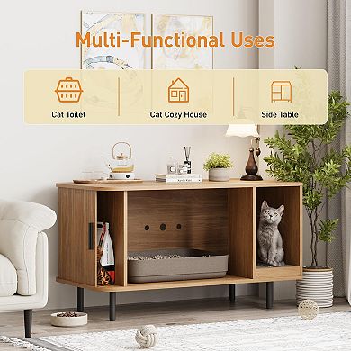 Modern Cat Litter Box Enclosure with Sliding Door,Cat Furniture with Scratch Pad & TV Stand Function