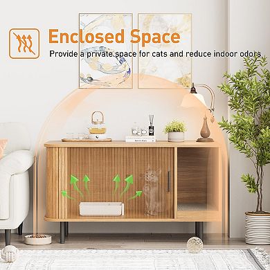 Modern Cat Litter Box Enclosure with Sliding Door,Cat Furniture with Scratch Pad & TV Stand Function