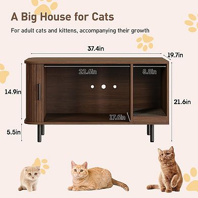 Modern Cat Litter Box Enclosure with Sliding Door,Cat Furniture with Scratch Pad & TV Stand Function