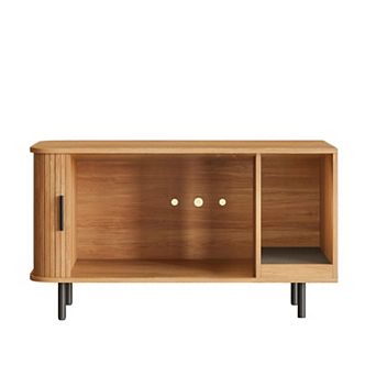 Modern Cat Litter Box Enclosure with Sliding Door,Cat Furniture with Scratch Pad & TV Stand Function