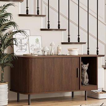 Modern Cat Litter Box Enclosure with Sliding Door,Cat Furniture with Scratch Pad & TV Stand Function