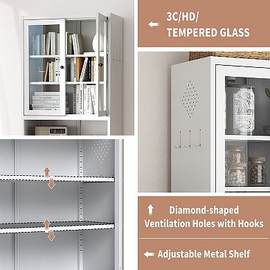 VIYET 72" Metal Kitchen Pantry Cabinet - Tall Steel Storage with Glass Doors & Adjustable Shelves