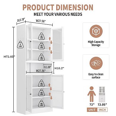 VIYET 72" Metal Kitchen Pantry Cabinet - Tall Steel Storage with Glass Doors & Adjustable Shelves