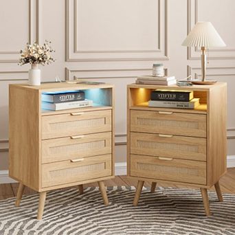 Rattan Nightstand with Charging Station (2 AC/2 USB), LED Lights & 3 Drawers, Boho Bedside Table