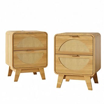 Rattan Nightstand Set of 2 with Charging Station (2 AC/2 USB), Boho Bedside Tables with 2 Drawers