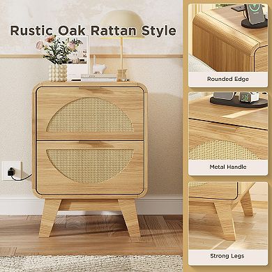 Rattan Nightstand Set of 2 with Charging Station (2 AC/2 USB), Boho Bedside Tables with 2 Drawers