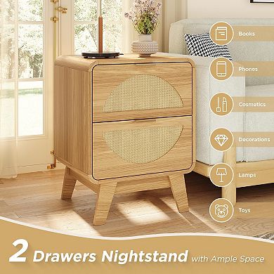 Rattan Nightstand Set of 2 with Charging Station (2 AC/2 USB), Boho Bedside Tables with 2 Drawers