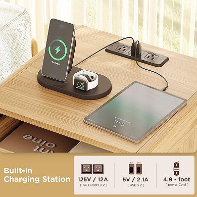 Rattan Nightstand Set of 2 with Charging Station (2 AC/2 USB), Boho Bedside Tables with 2 Drawers