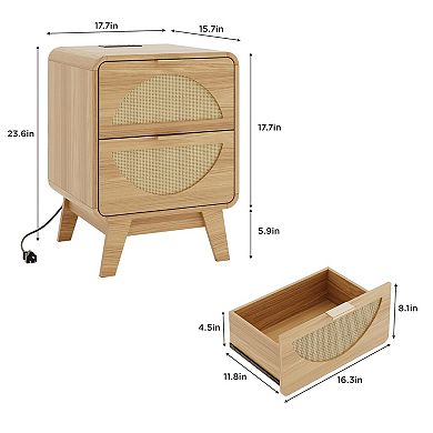 Rattan Nightstand Set of 2 with Charging Station (2 AC/2 USB), Boho Bedside Tables with 2 Drawers