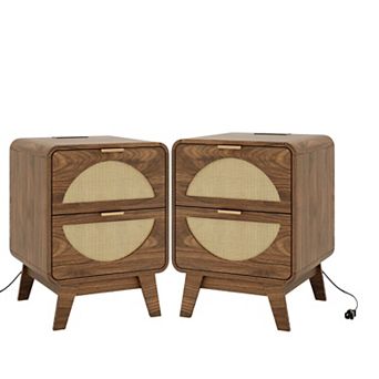Rattan Nightstand Set of 2 with Charging Station (2 AC/2 USB), Boho Bedside Tables with 2 Drawers