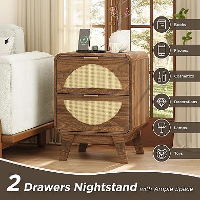 Rattan Nightstand Set of 2 with Charging Station (2 AC/2 USB), Boho Bedside Tables with 2 Drawers
