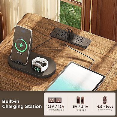 Rattan Nightstand Set of 2 with Charging Station (2 AC/2 USB), Boho Bedside Tables with 2 Drawers