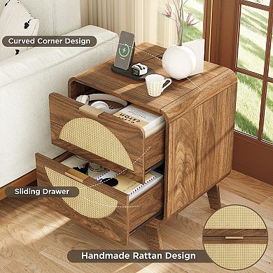 Rattan Nightstand Set of 2 with Charging Station (2 AC/2 USB), Boho Bedside Tables with 2 Drawers