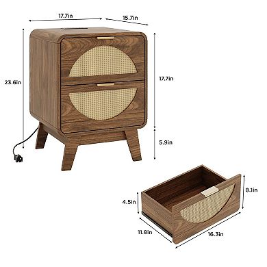 Rattan Nightstand Set of 2 with Charging Station (2 AC/2 USB), Boho Bedside Tables with 2 Drawers