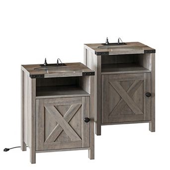 Nightstand Set of 2 with Charging Station, Bedside End Tables with Barn Doors & Open Shelves