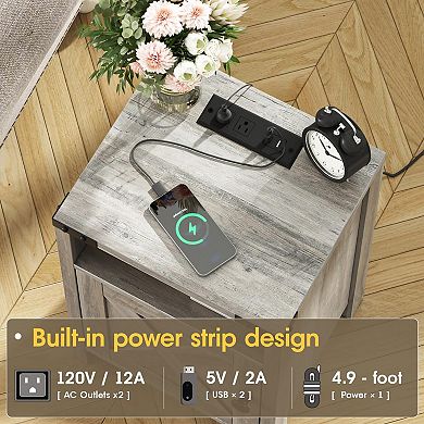 Nightstand Set of 2 with Charging Station, Bedside End Tables with Barn Doors & Open Shelves