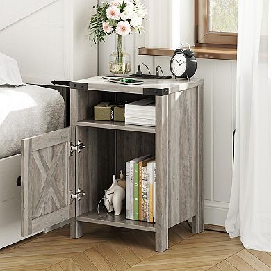 Nightstand Set of 2 with Charging Station, Bedside End Tables with Barn Doors & Open Shelves