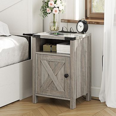 Nightstand Set of 2 with Charging Station, Bedside End Tables with Barn Doors & Open Shelves