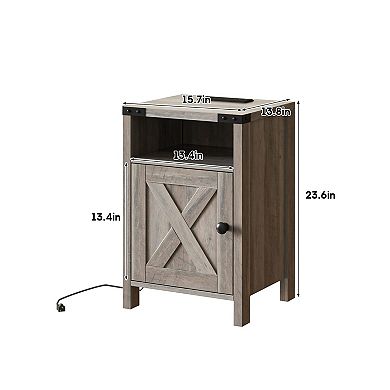 Nightstand Set of 2 with Charging Station, Bedside End Tables with Barn Doors & Open Shelves