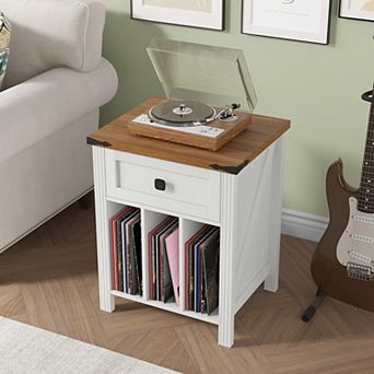 Nightstand with Vinyl Storage & Charging Station, Turntable Stand with Open Shelves for Living Room