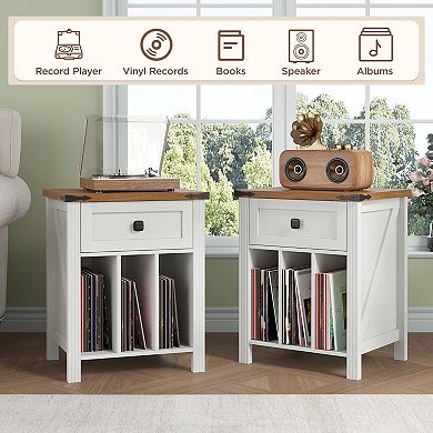 Nightstand with Vinyl Storage & Charging Station, Turntable Stand with Open Shelves for Living Room