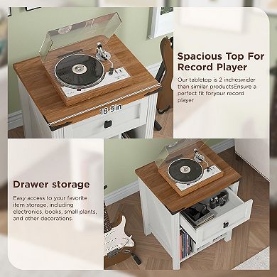 Nightstand with Vinyl Storage & Charging Station, Turntable Stand with Open Shelves for Living Room