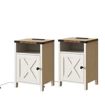 Nightstand Set of 2 with Charging Station, Bedside End Tables with Barn Doors & Open Shelves